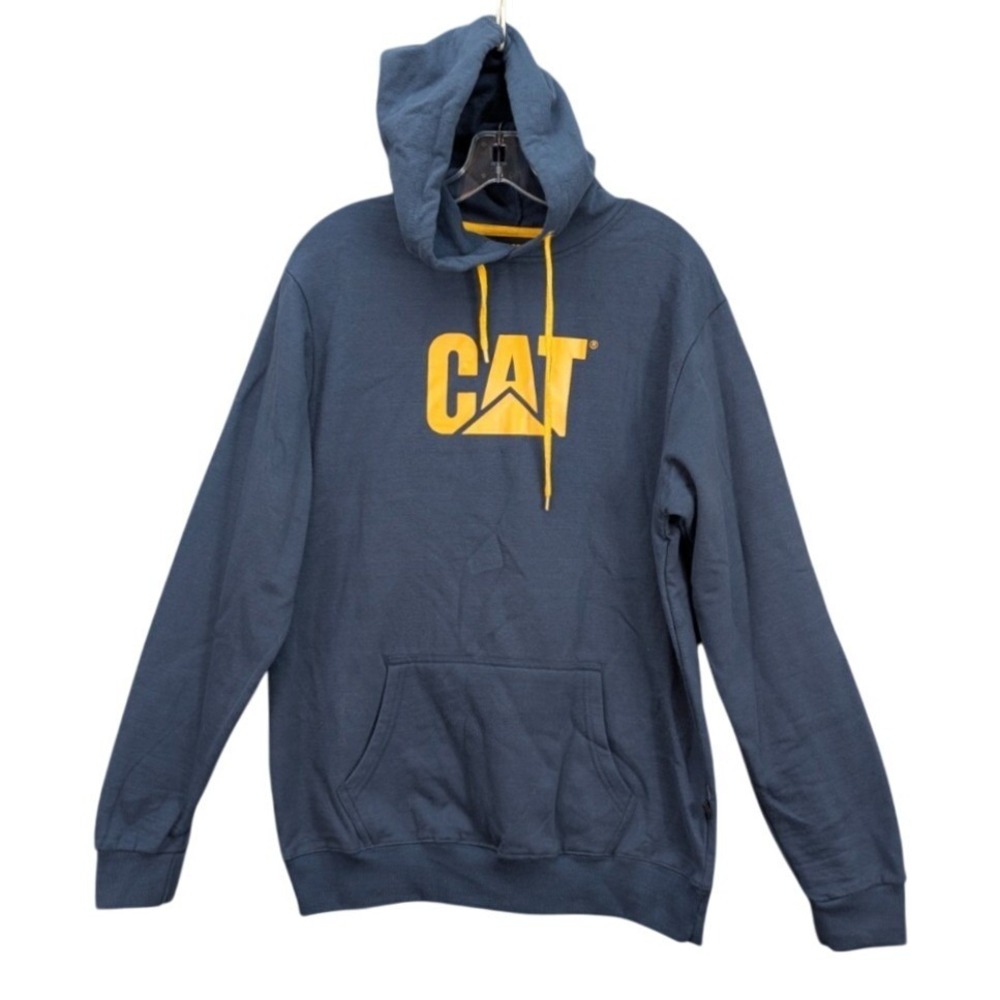 CAT Caterpillar Embroidered Logo Hoodie Sweatshirt Pullover Blue‎ Yellow Men's L